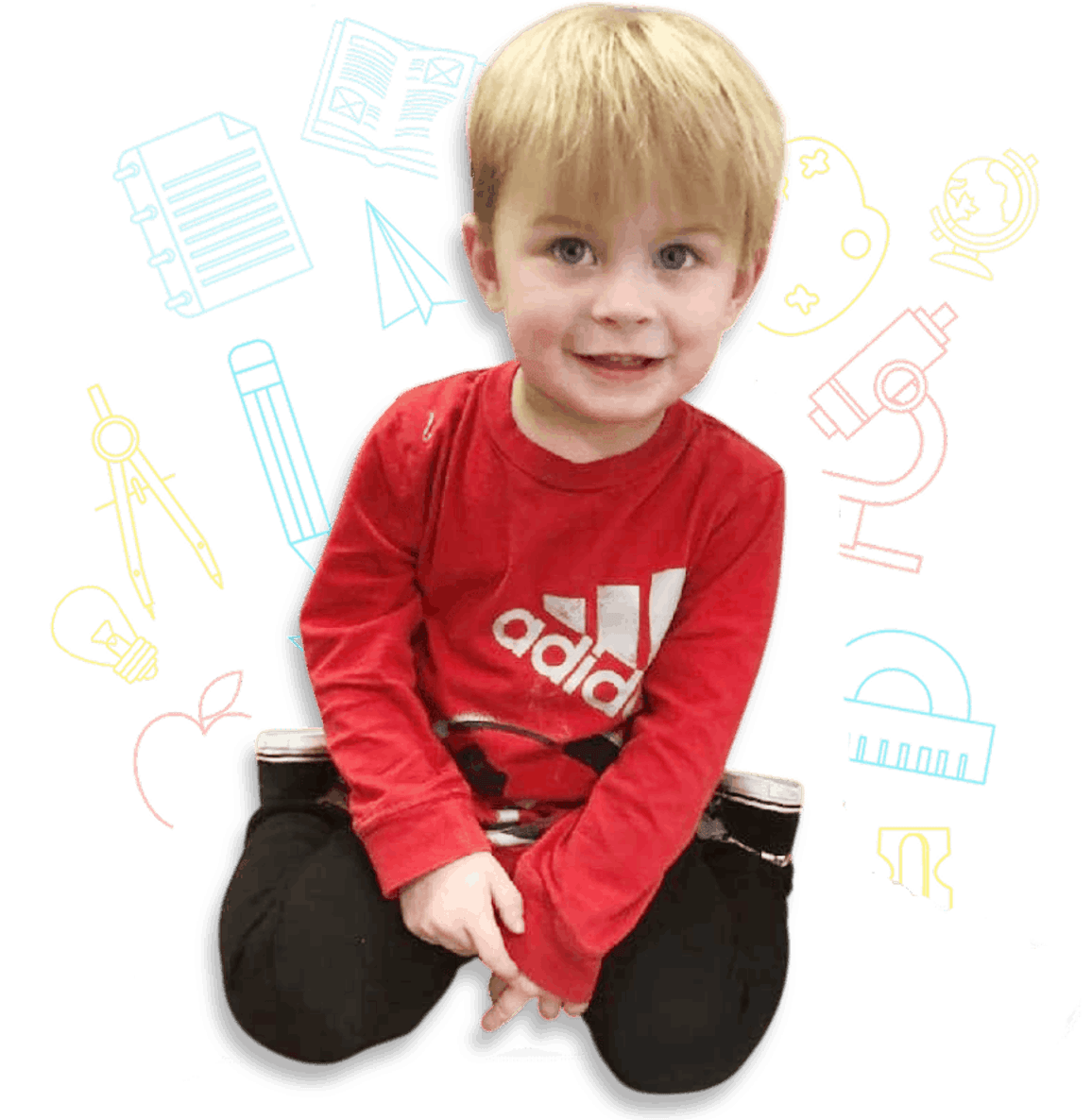 Child smiling at Mini Adventures Preschool with educational icons in Warrensburg, MO.